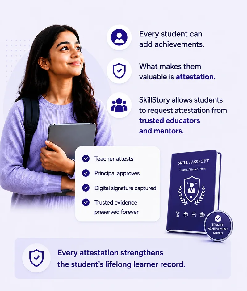 Teacher and student attestation illustration showing mentor sign-off workflow