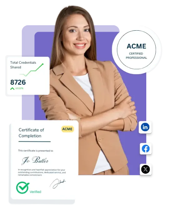 CertifyMe verified digital credential platform showing certificate, analytics and sharing