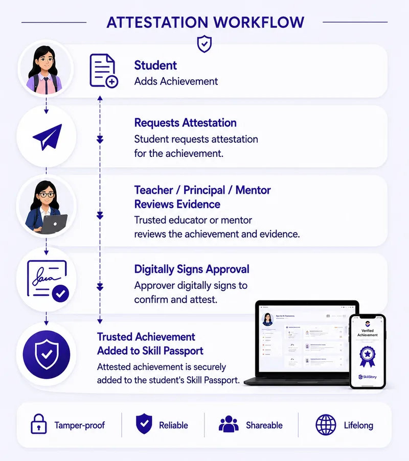 SkillStory attestation workflow from achievement evidence and teacher review to digitally signed approval