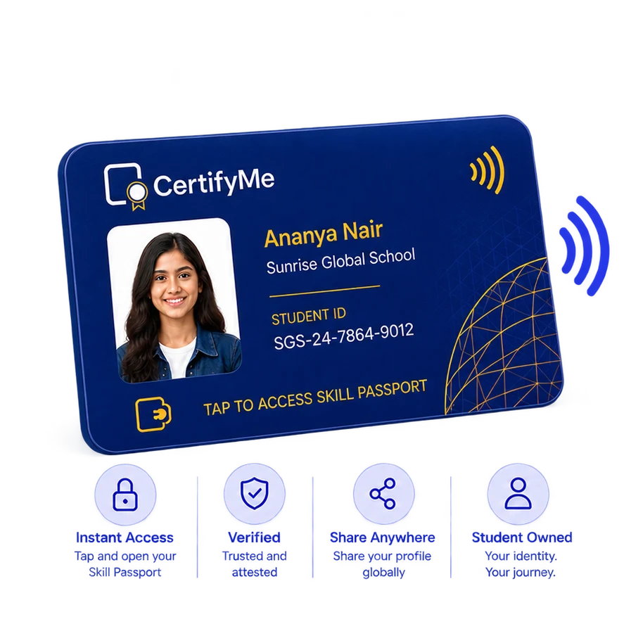 CertifyMe smart student ID card for tap-to-share access to a verified Skill Passport