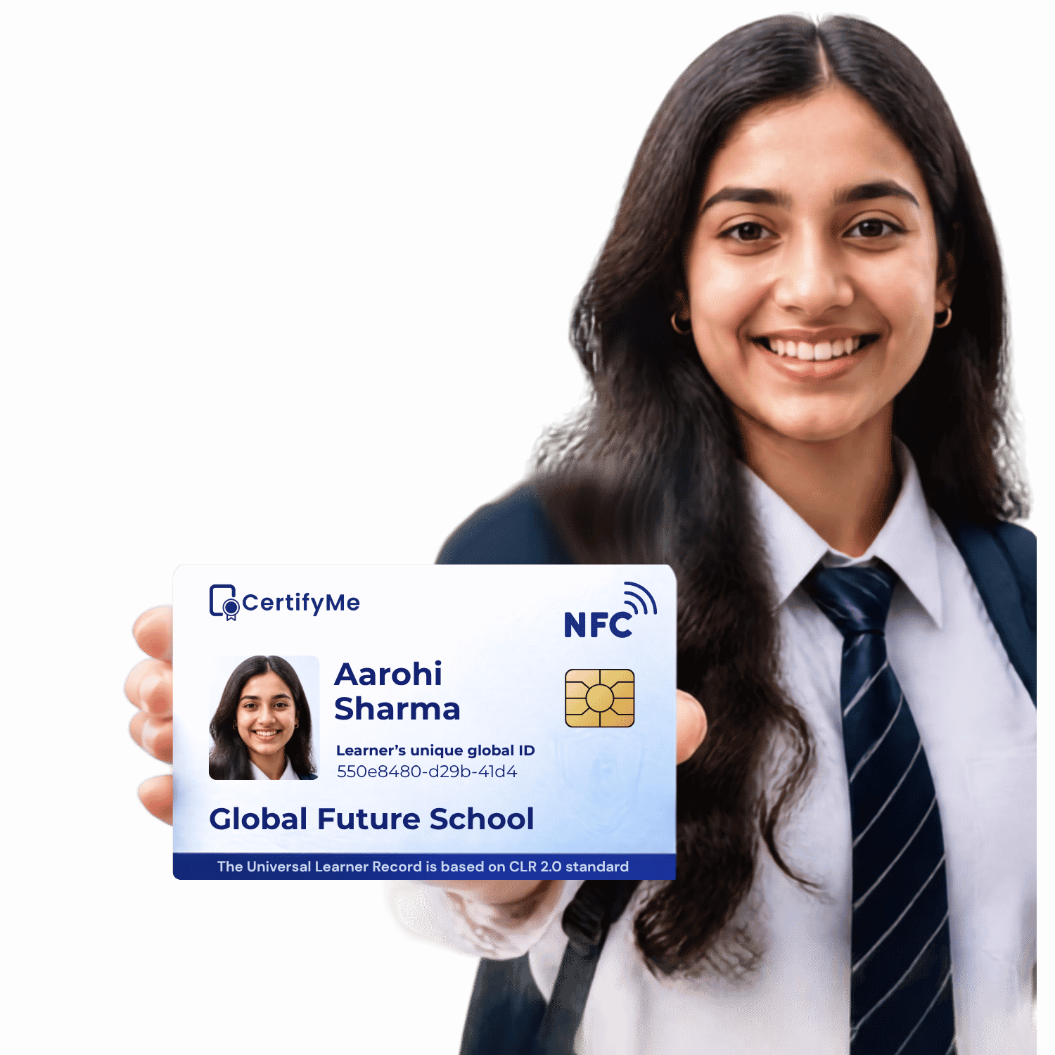 Student holding a CertifyMe NFC Skill Passport card