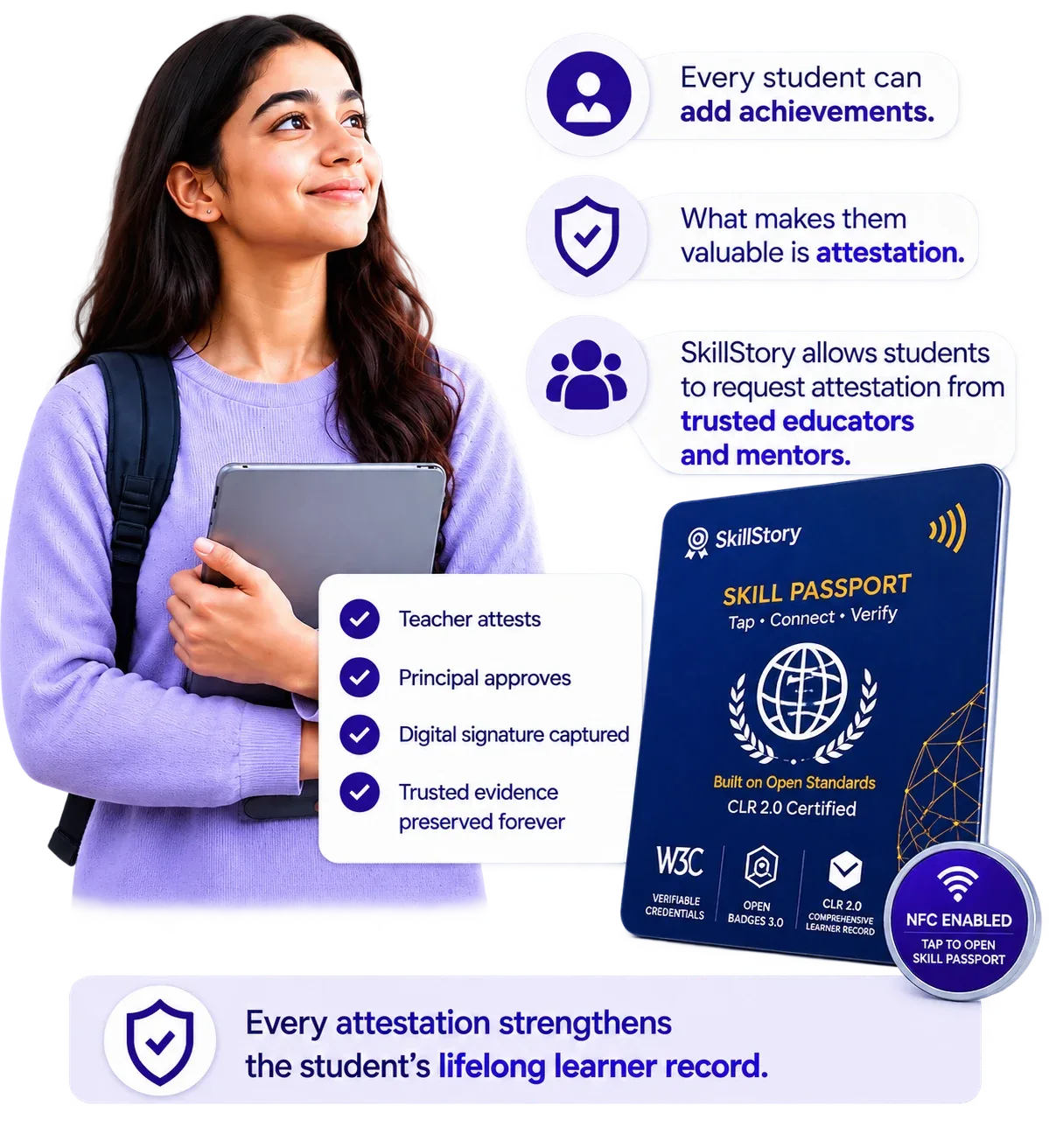 Student holding a SkillStory Skill Passport with teacher-attested achievements and evidence
